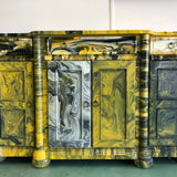 Pour Painted Yellow, Black, and White dresser 59 X 15 X 36