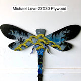 Michael Love 27X30 Plywood - Yellow Tree Dragon Fly